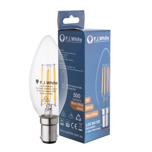 5W BA15D 3000K CANDLE CLEAR LED FILAMENT 500LM DIMMABLE