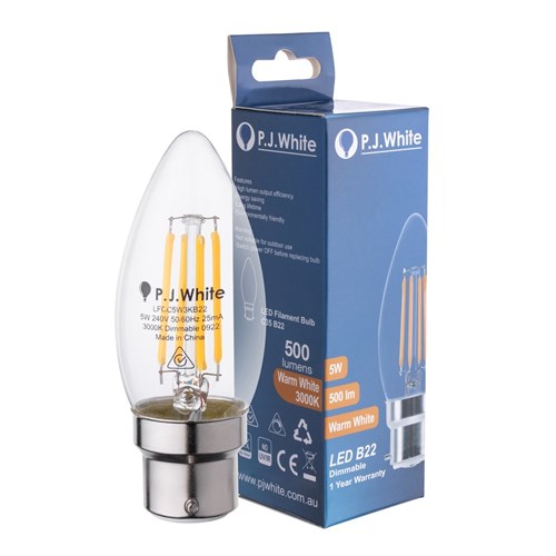 5W B22 3000K CANDLE CLEAR LED FILAMENT 500LM DIMMABLE